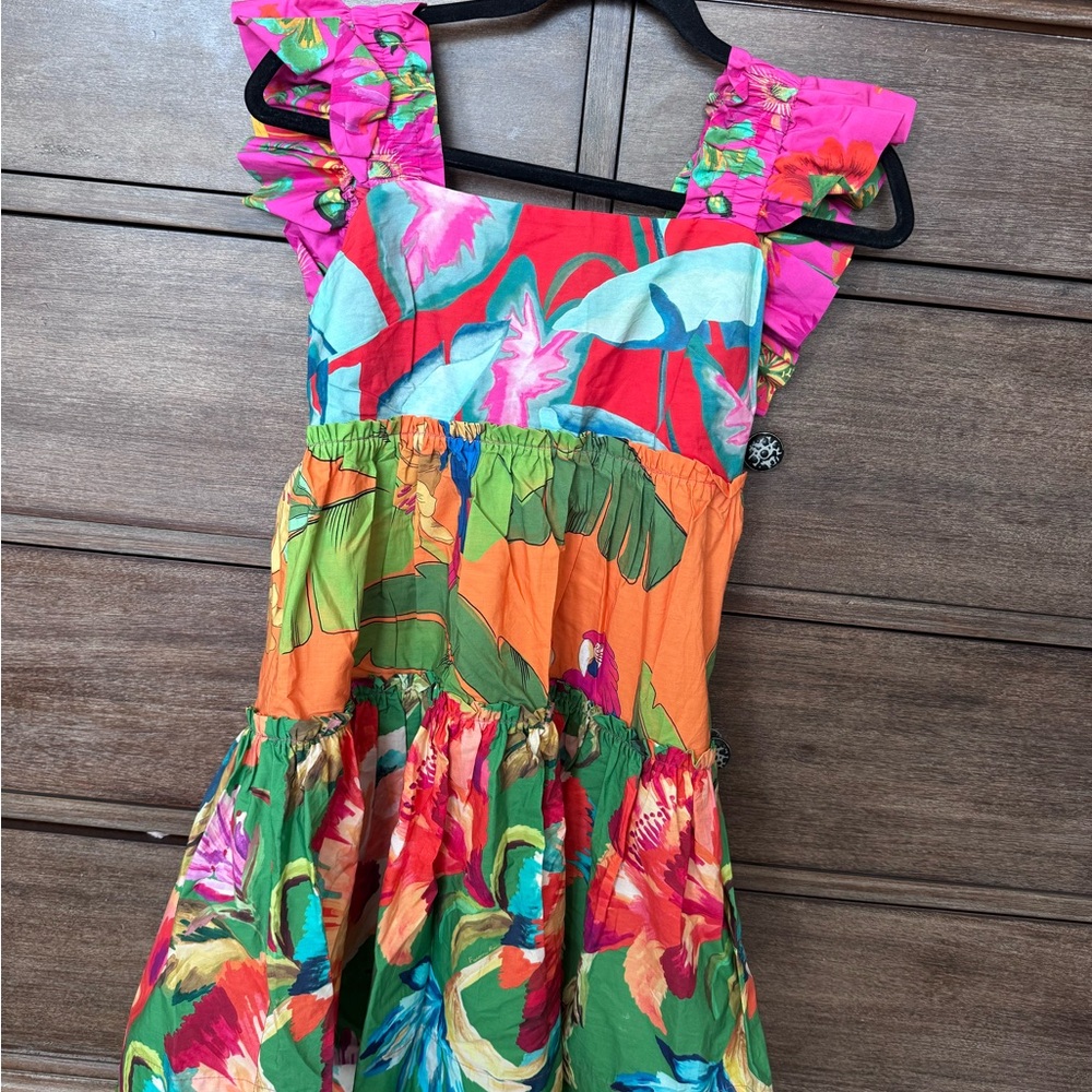 FARM Rio Tropical Floral Ruffle-Sleeve Dress in Pink, Orange, Green, Blue